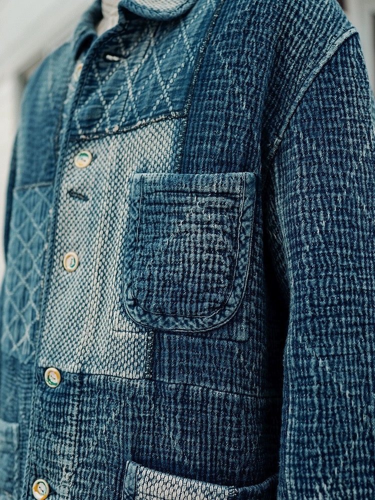 Indigo Dye Patchwork Sashiko Kendo Coat - Light Blue