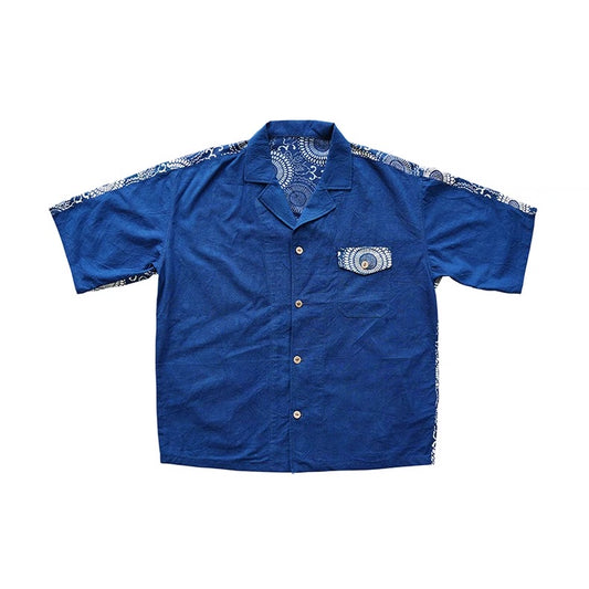 Indigo Dye Patchwork Short Sleeves Shirt