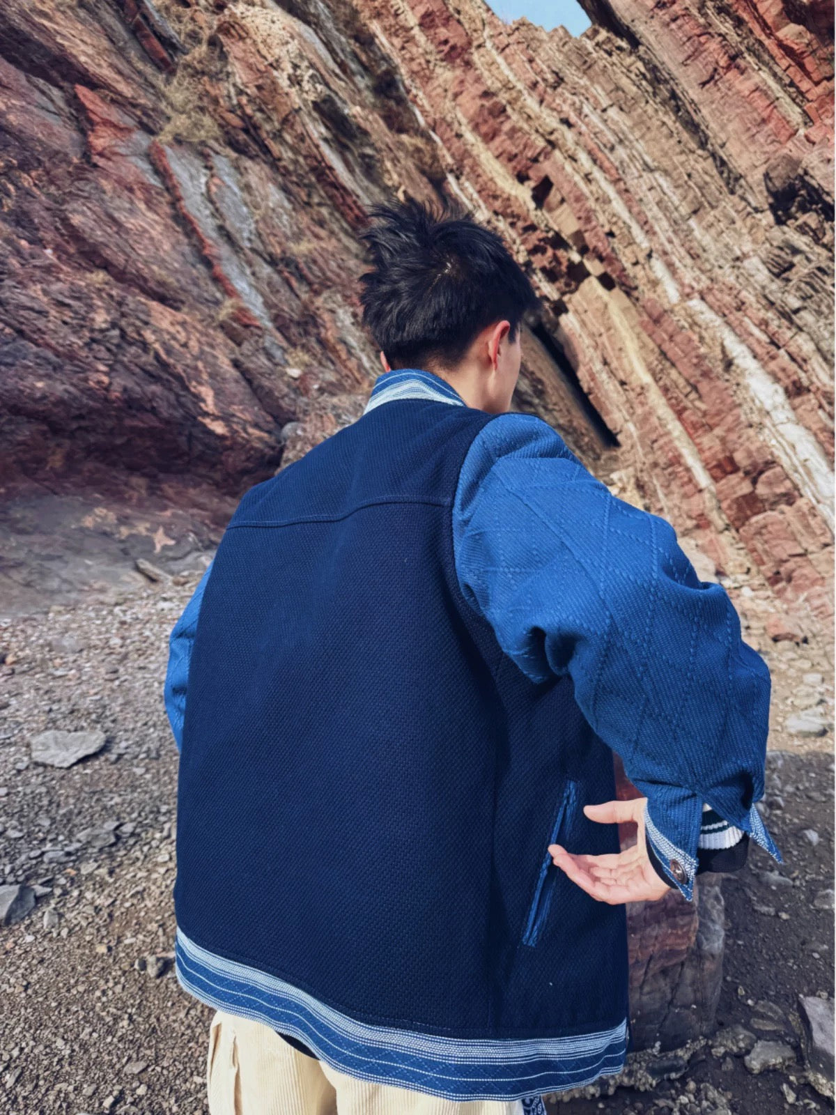Indigo Dye Kendo Patchwork Baseball Jacket