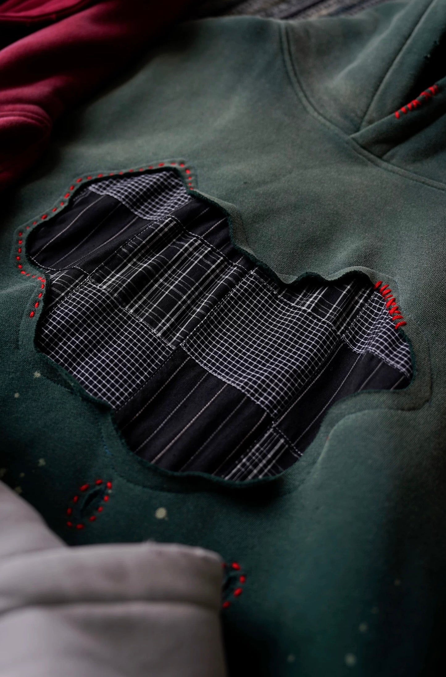 Green Sashiko Map Patchwork Hoodie