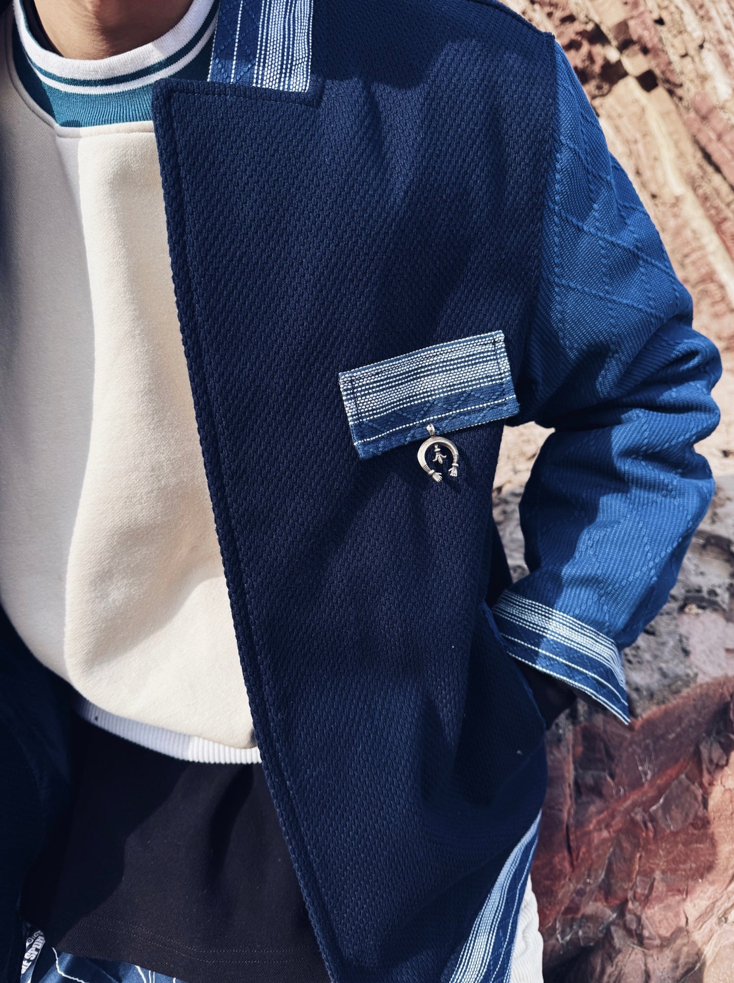 Indigo Dye Kendo Patchwork Baseball Jacket