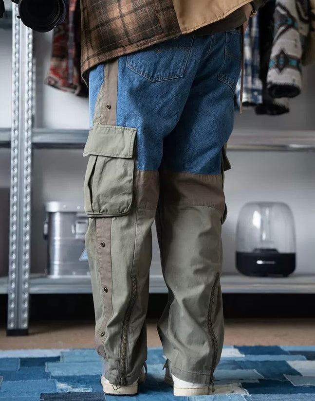 Military Green Patchwork Worker Pants