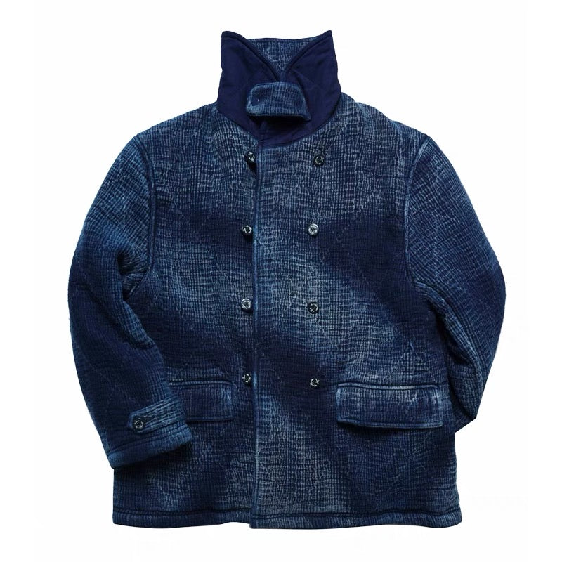 Dark Indigo Dye Sashiko Double-Breasted Coat