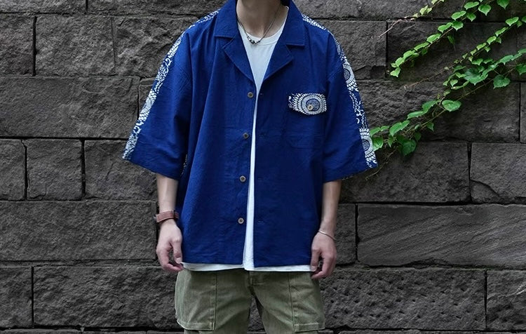 Indigo Dye Patchwork Short Sleeves Shirt