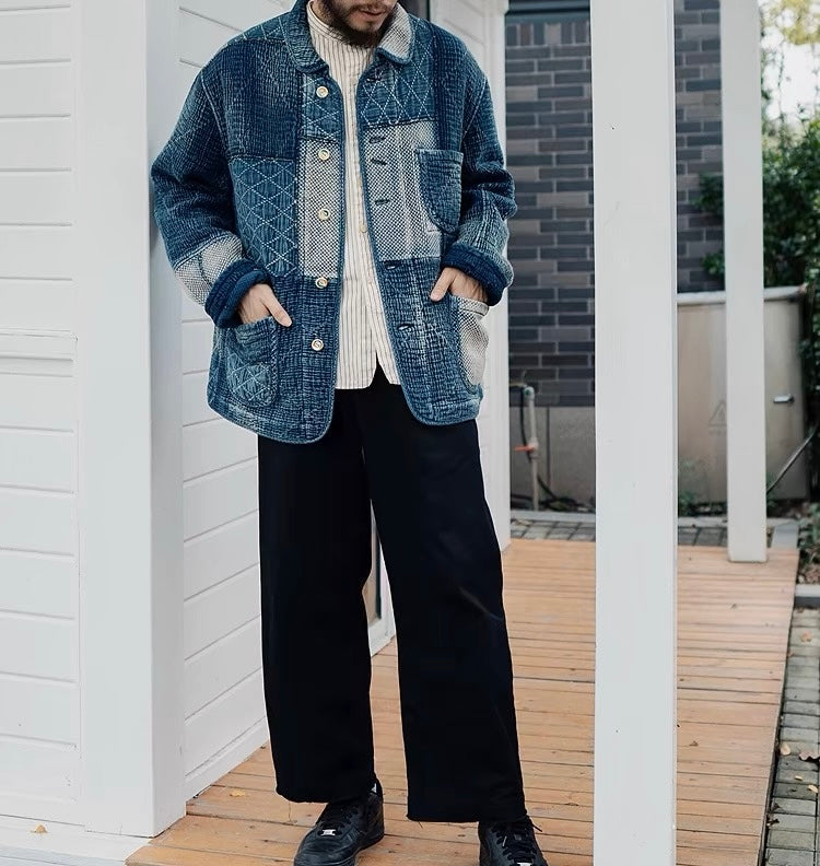 Indigo Dye Patchwork Sashiko Kendo Coat - Light Blue