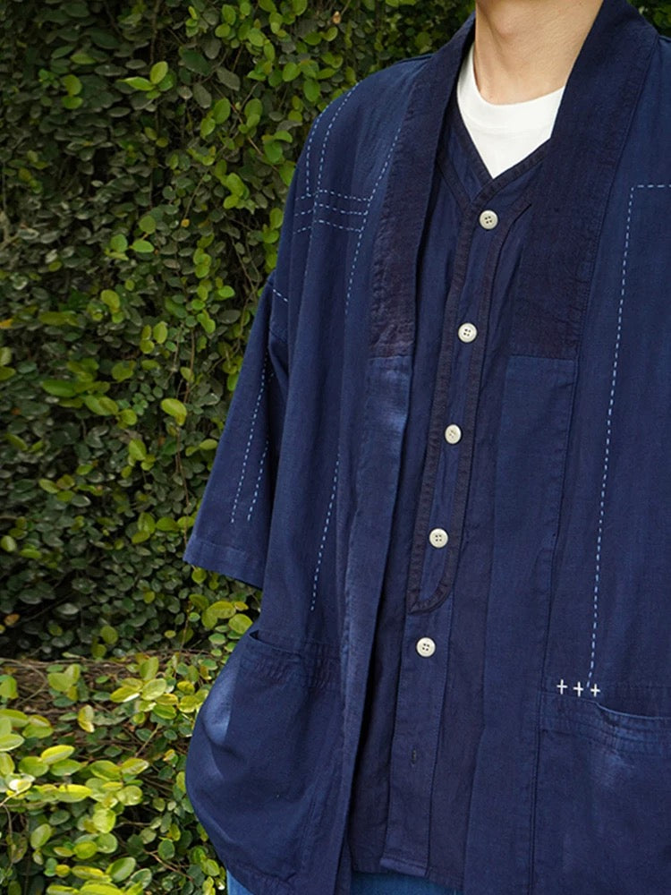 Indigo Dye Short Sleeves Baseball Shirt
