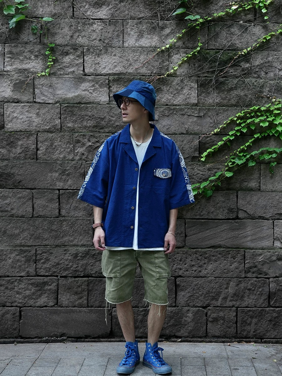 Indigo Dye Patchwork Short Sleeves Shirt