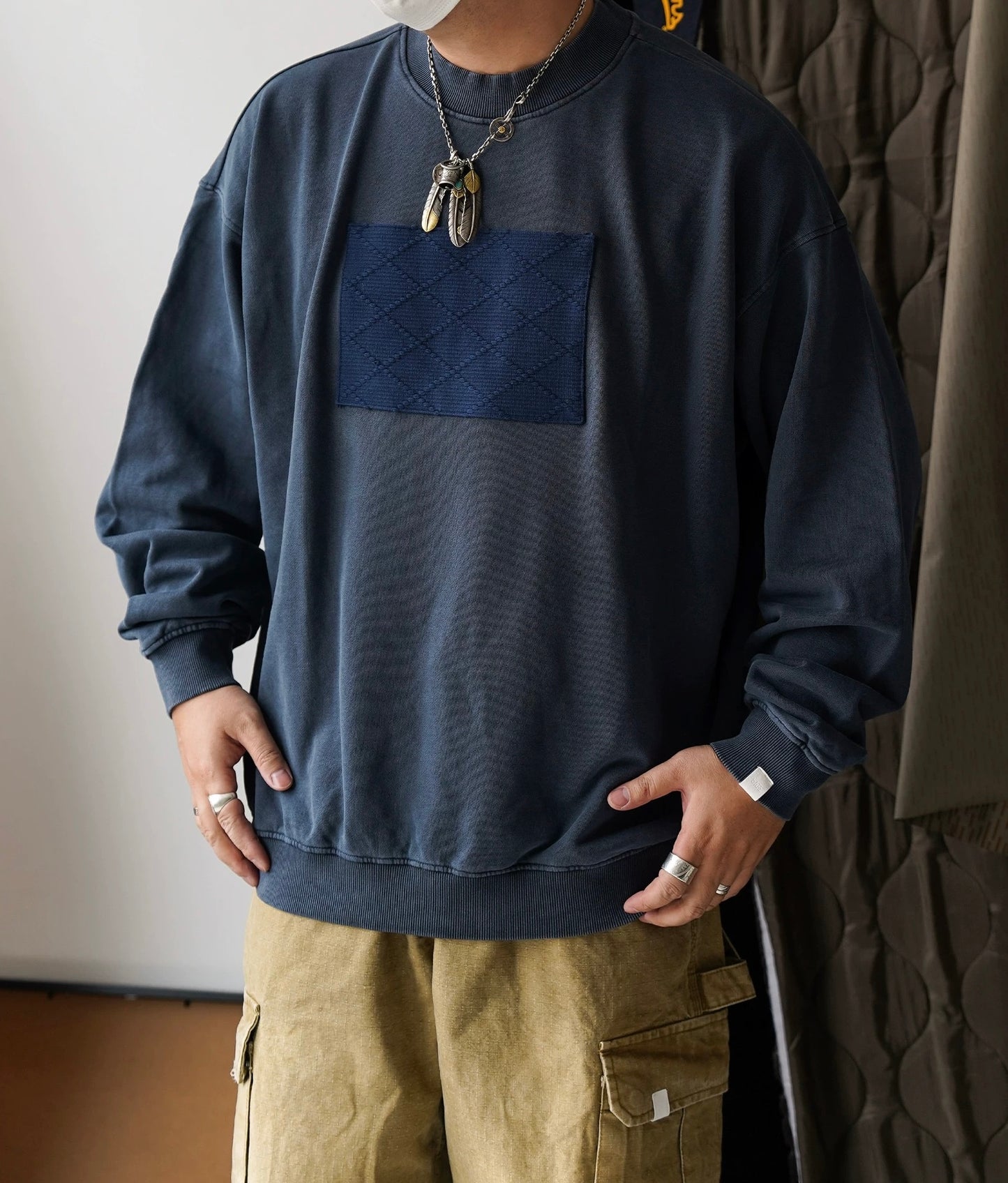 Indigo Dye Sashiko Patchwork Sweatshirt