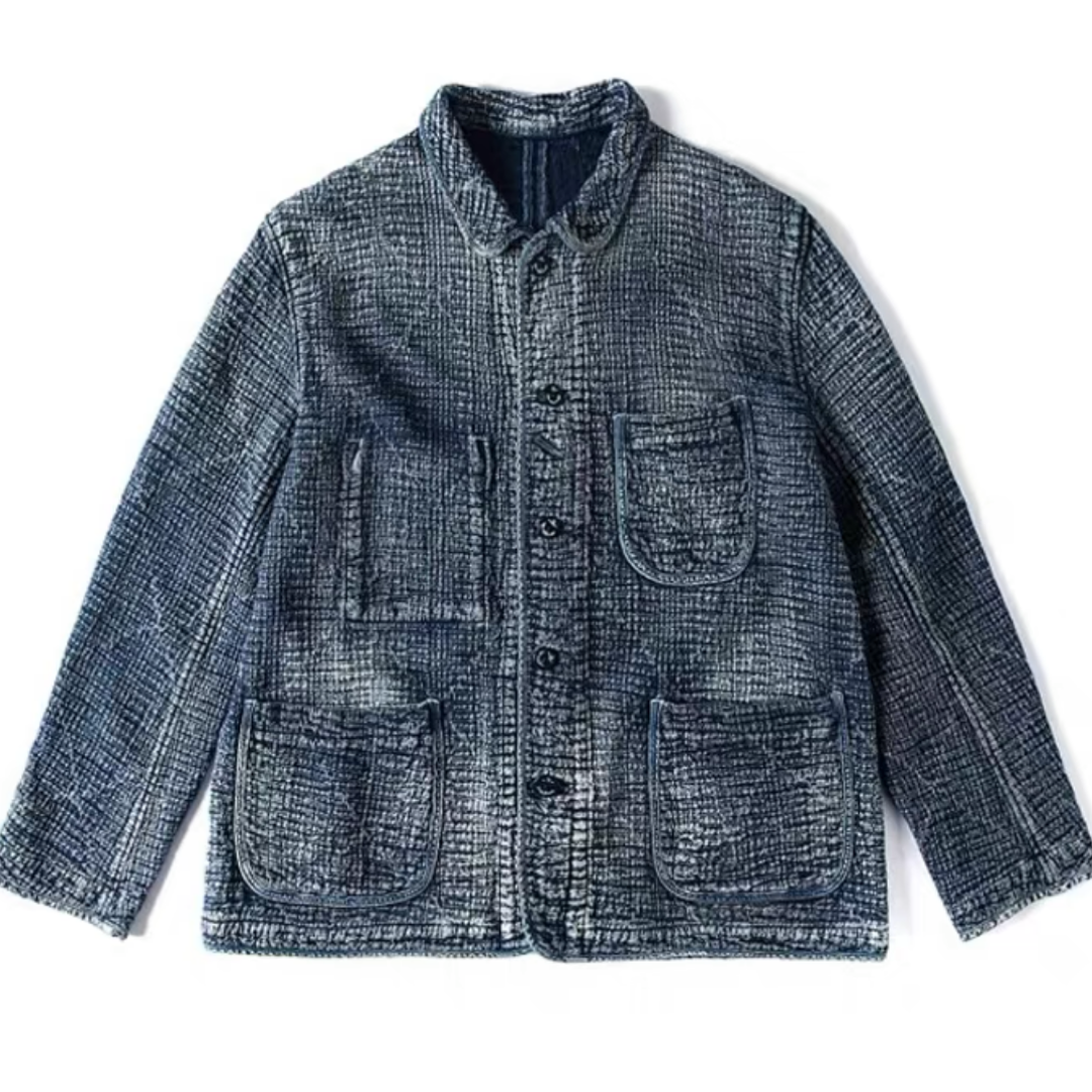 Indigo Dye Sashiko French Worker Jacket - Classic French Workwear Indigo Dye Sashiko French Worker Jacket - Classic French Workwear