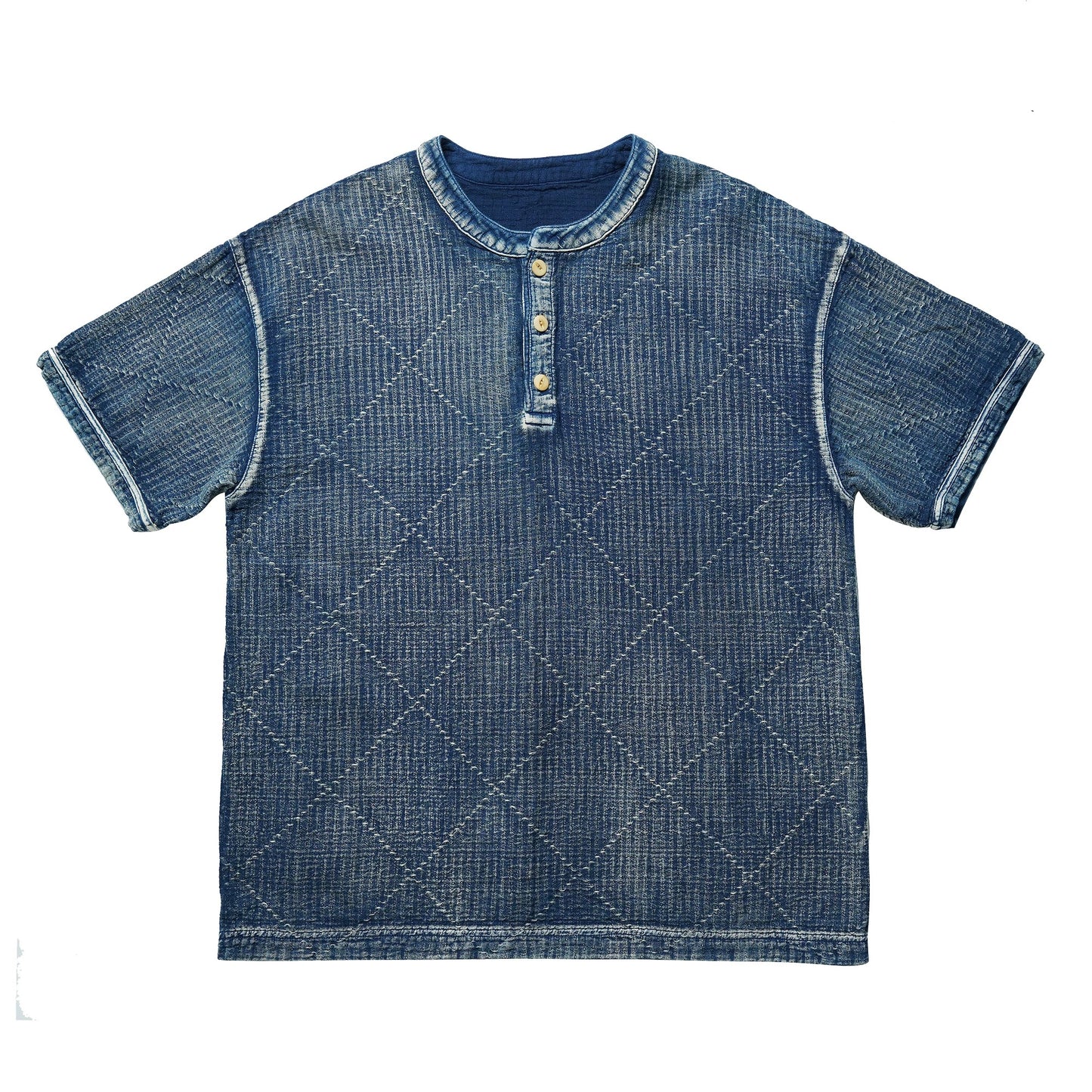 Indigo Dye Sashiko Henley Short-Sleeves Shirt