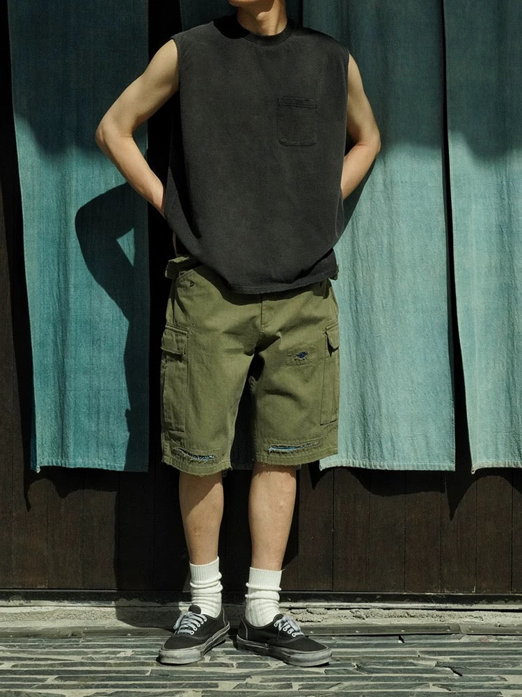 Military Green Distressed M51 Shorts