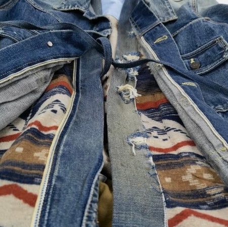 Denim Distressed Folk Haori Jacket