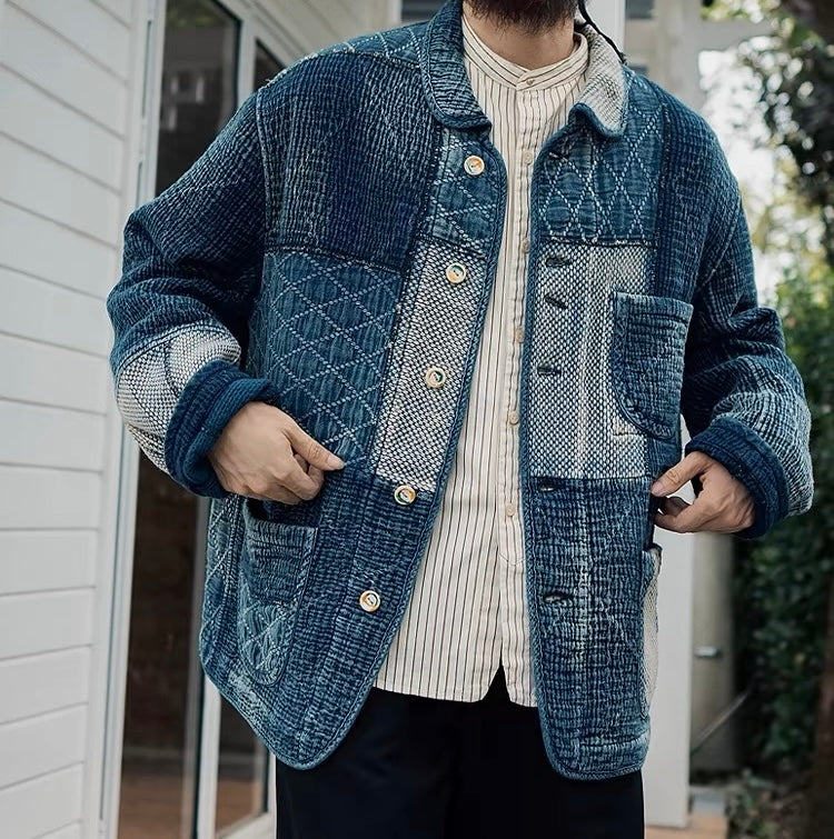 Indigo Dye Patchwork Sashiko Kendo Coat - Light Blue