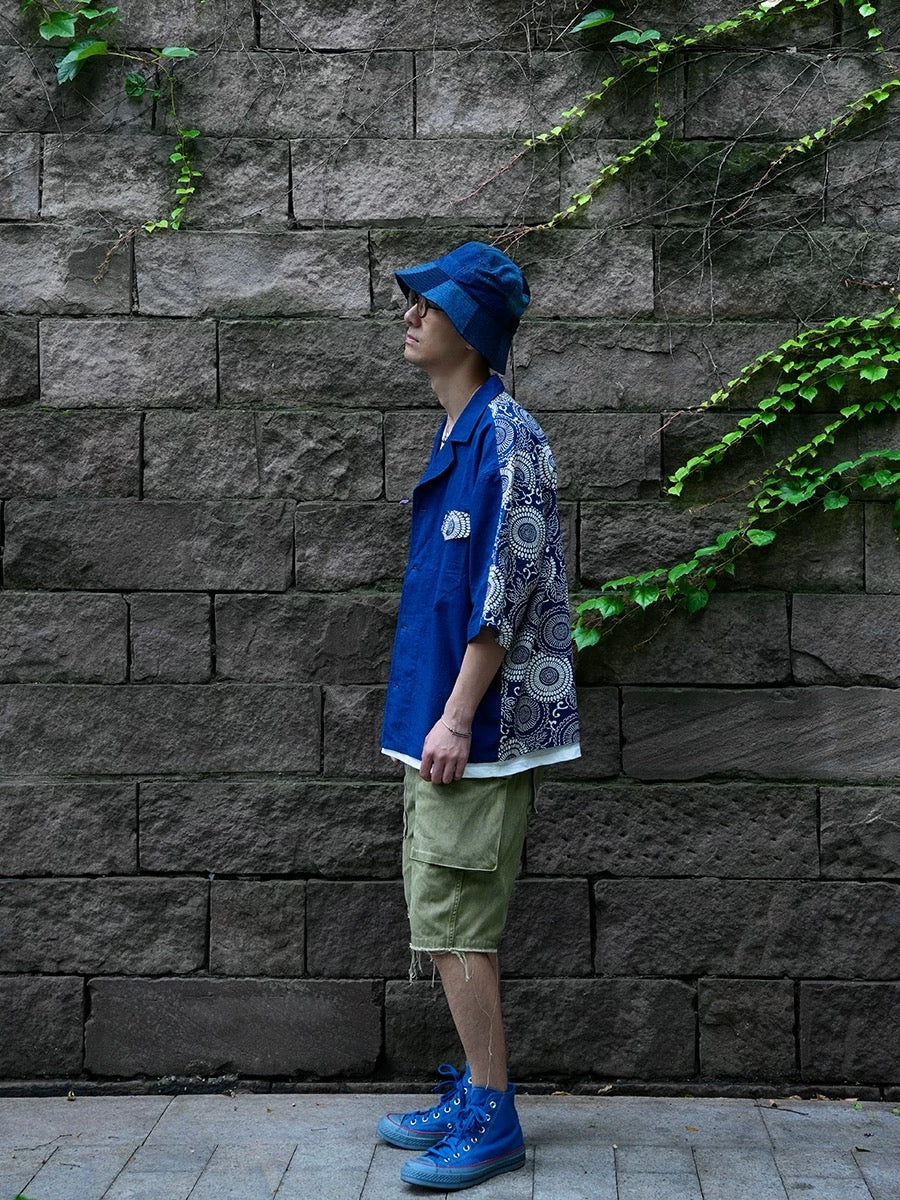 Indigo Dye Patchwork Short Sleeves Shirt
