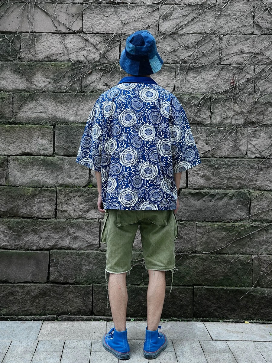 Indigo Dye Patchwork Short Sleeves Shirt