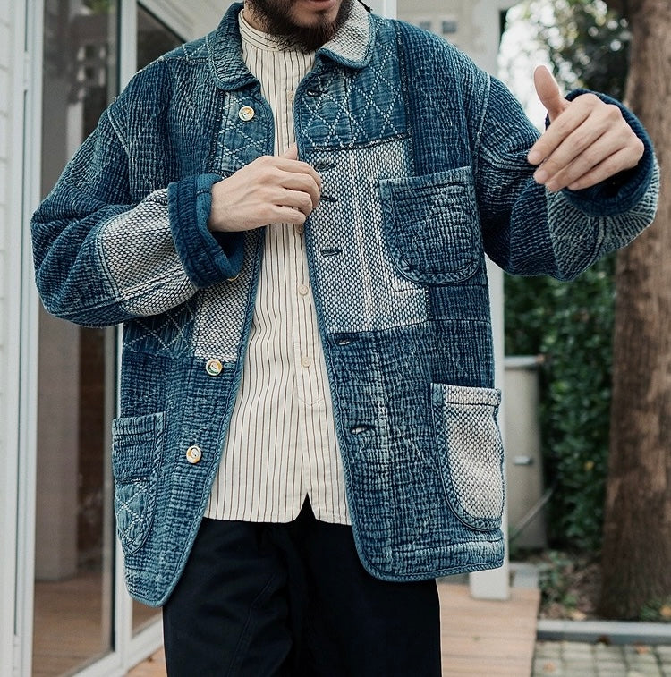 Indigo Dye Patchwork Sashiko Kendo Coat - Light Blue