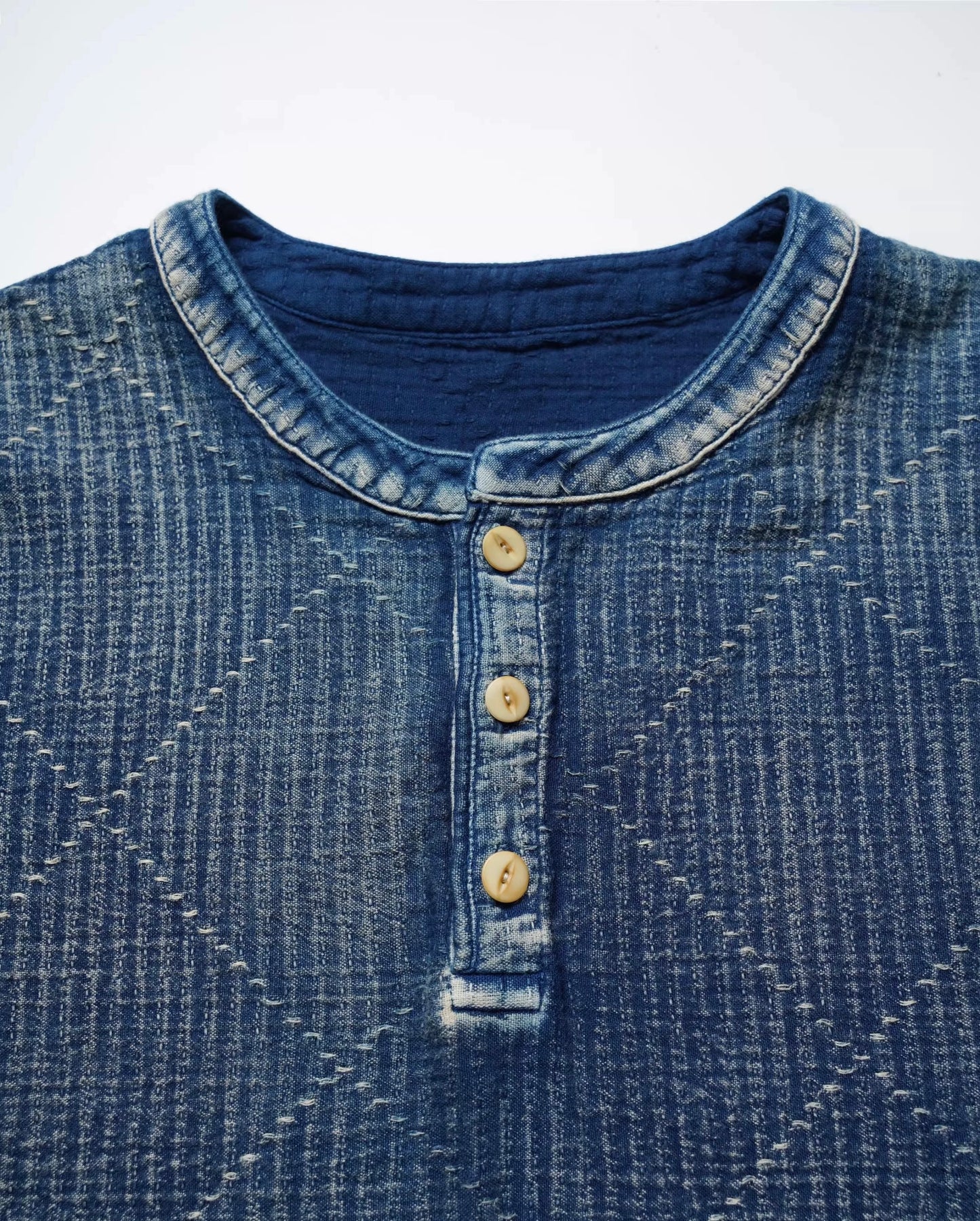 Indigo Dye Sashiko Henley Short-Sleeves Shirt