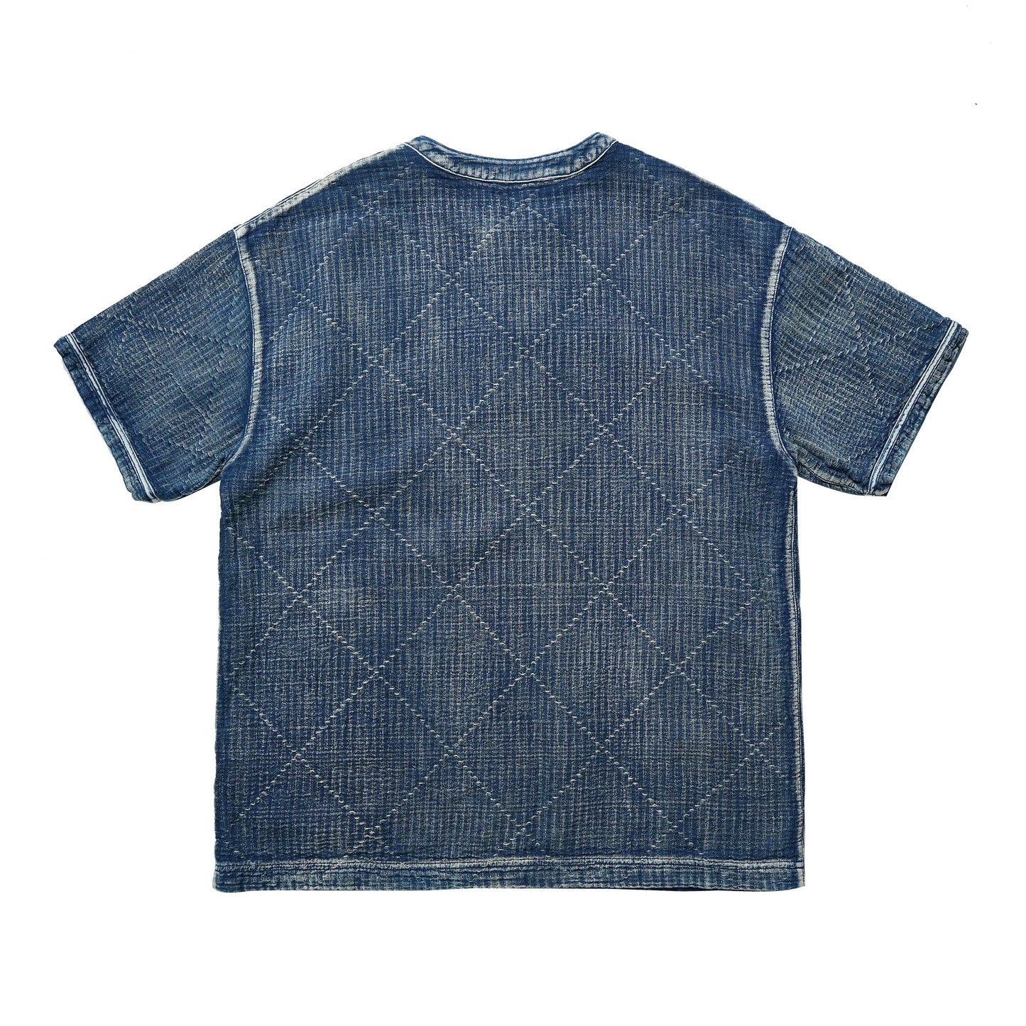 Indigo Dye Sashiko Henley Short-Sleeves Shirt