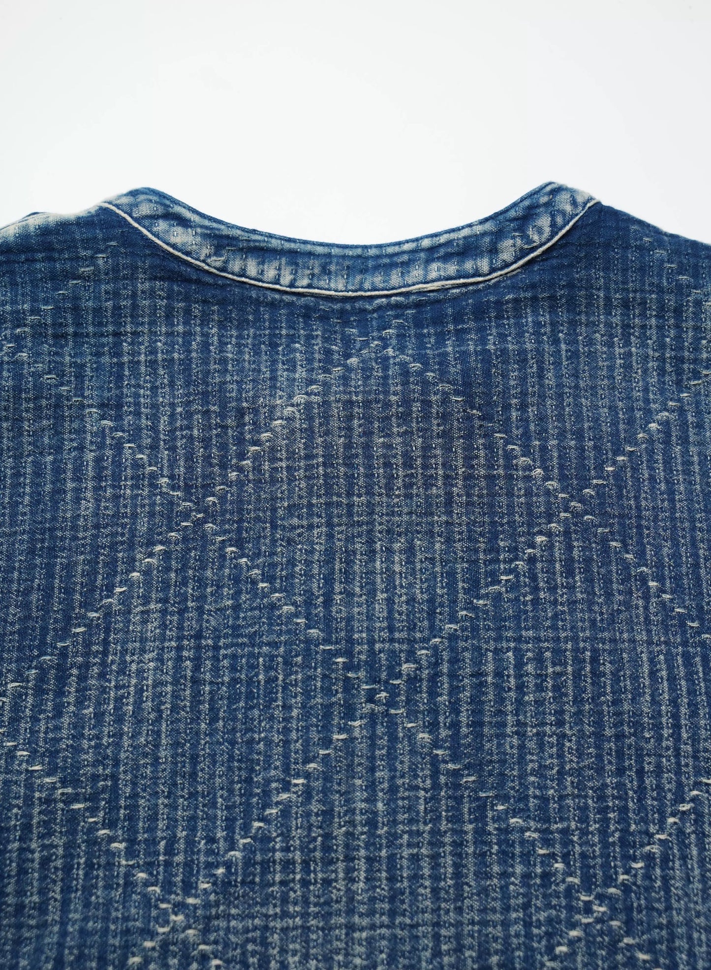 Indigo Dye Sashiko Henley Short-Sleeves Shirt