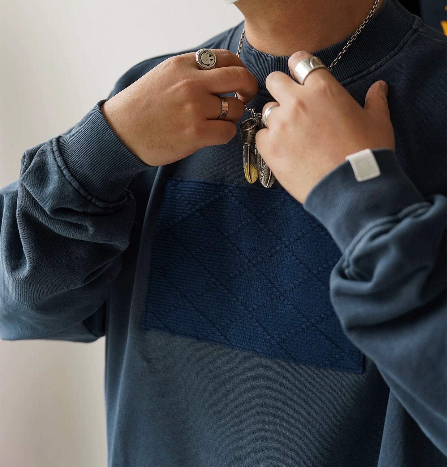 Indigo Dye Sashiko Patchwork Sweatshirt