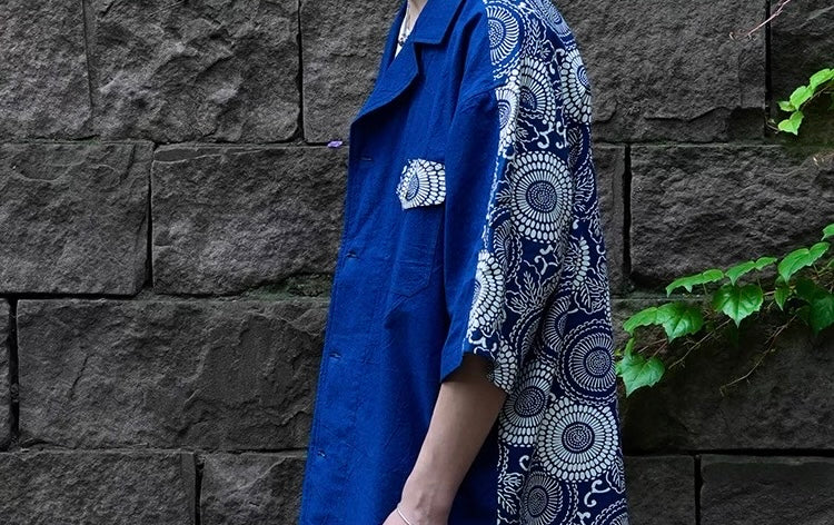Indigo Dye Patchwork Short Sleeves Shirt