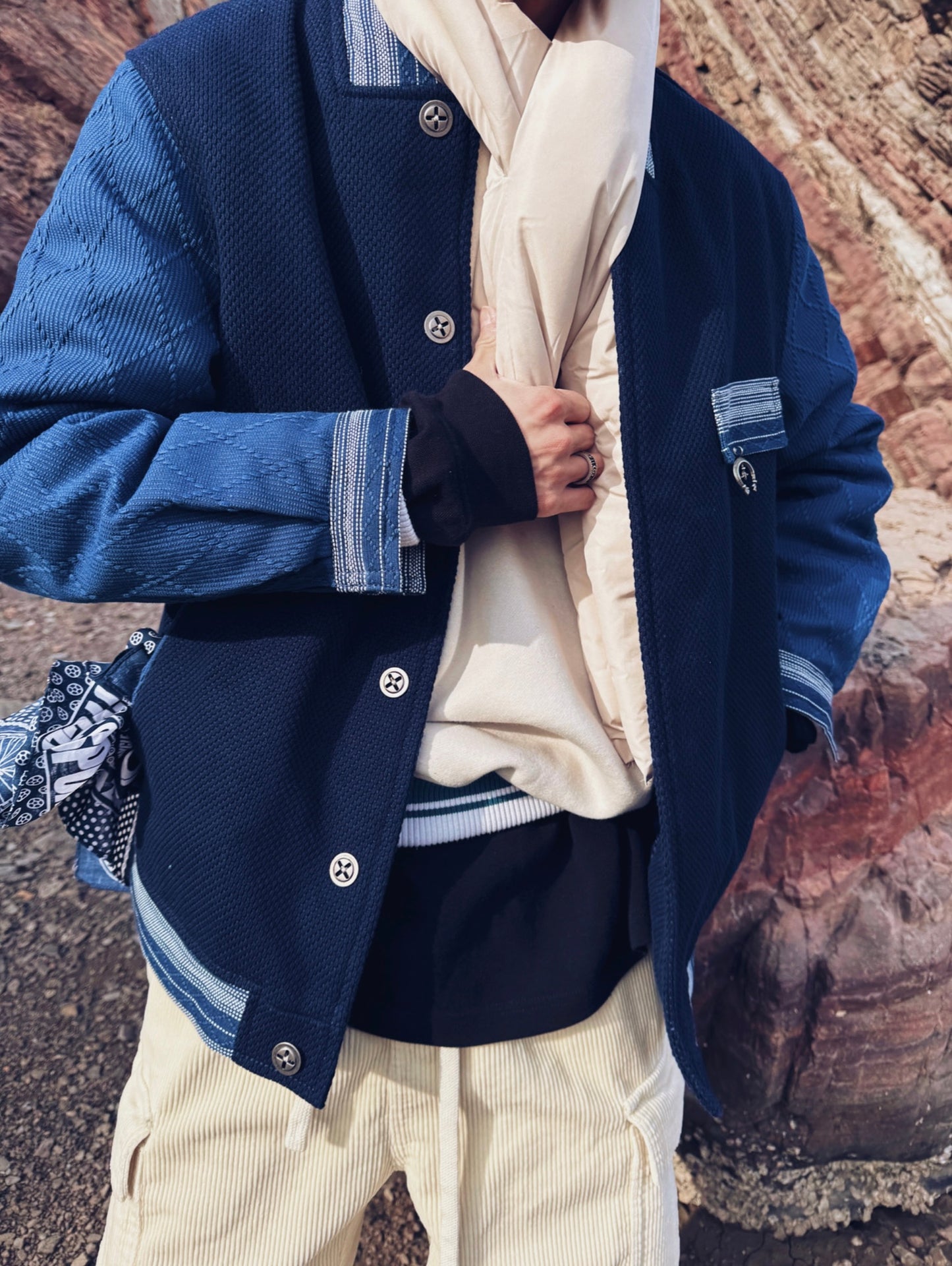 Indigo Dye Kendo Patchwork Baseball Jacket