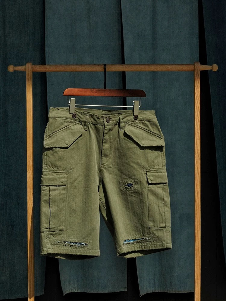 Military Green Distressed M51 Shorts