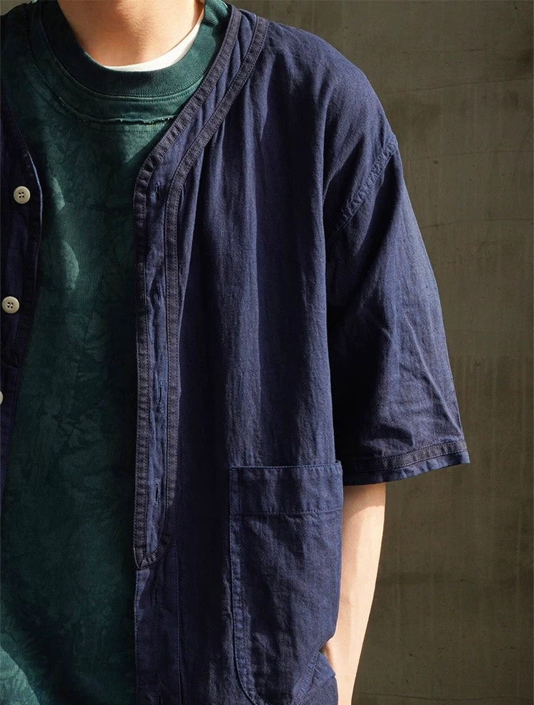 Indigo Dye Short Sleeves Baseball Shirt