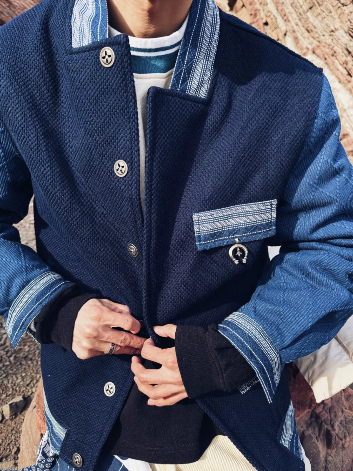 Indigo Dye Kendo Patchwork Baseball Jacket