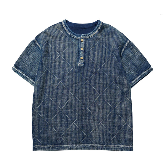 Indigo Dye Sashiko Henley Short-Sleeves Shirt