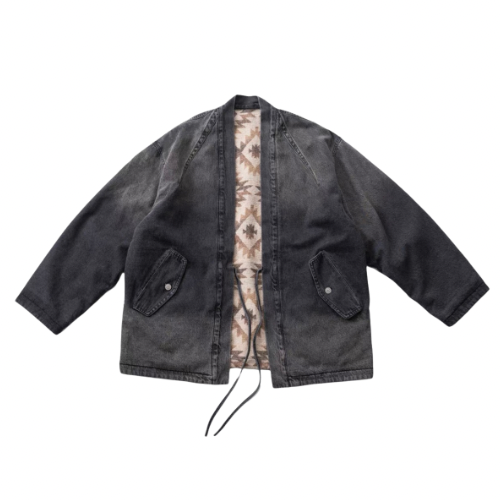 Dark Grey Denim Folk Reversible Haori Jacket