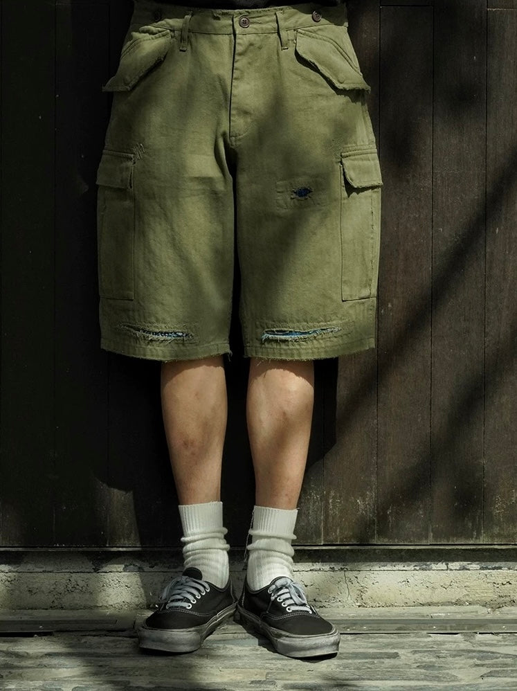 Military Green Distressed M51 Shorts