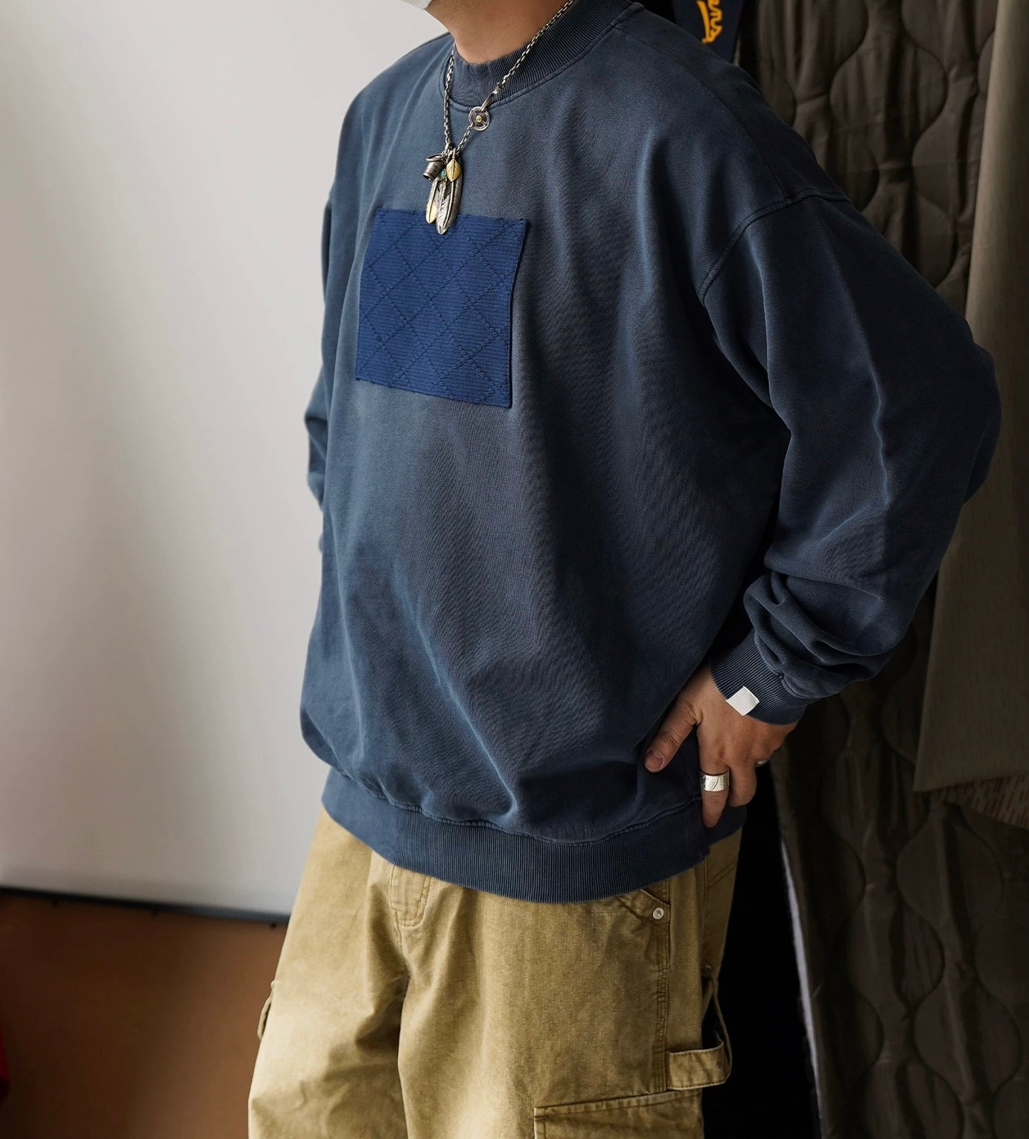 Indigo Dye Sashiko Patchwork Sweatshirt