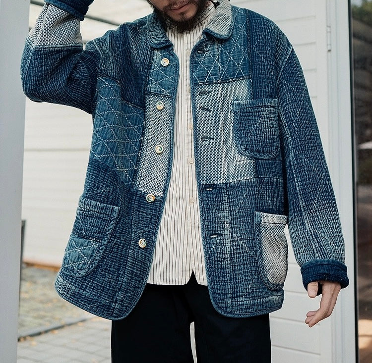 Indigo Dye Patchwork Sashiko Kendo Coat - Light Blue