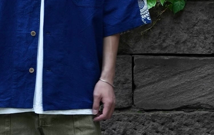 Indigo Dye Patchwork Short Sleeves Shirt