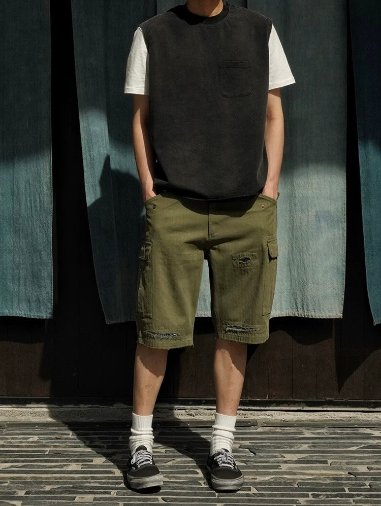 Military Green Distressed M51 Shorts