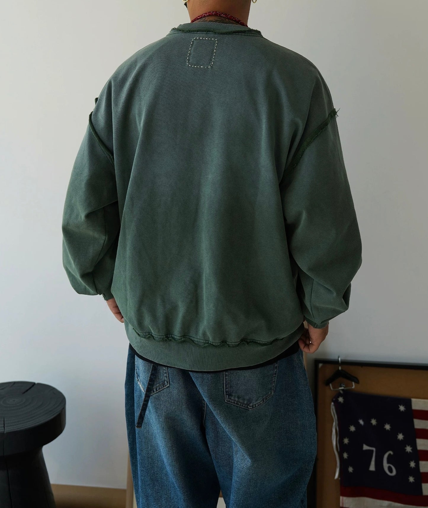Washed Green Sashiko Distressed Sweatshirt