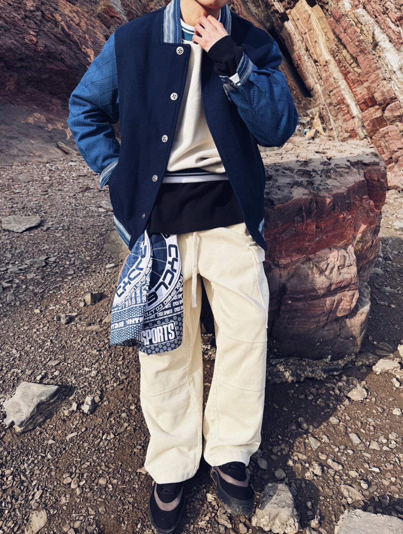 Indigo Dye Kendo Patchwork Baseball Jacket