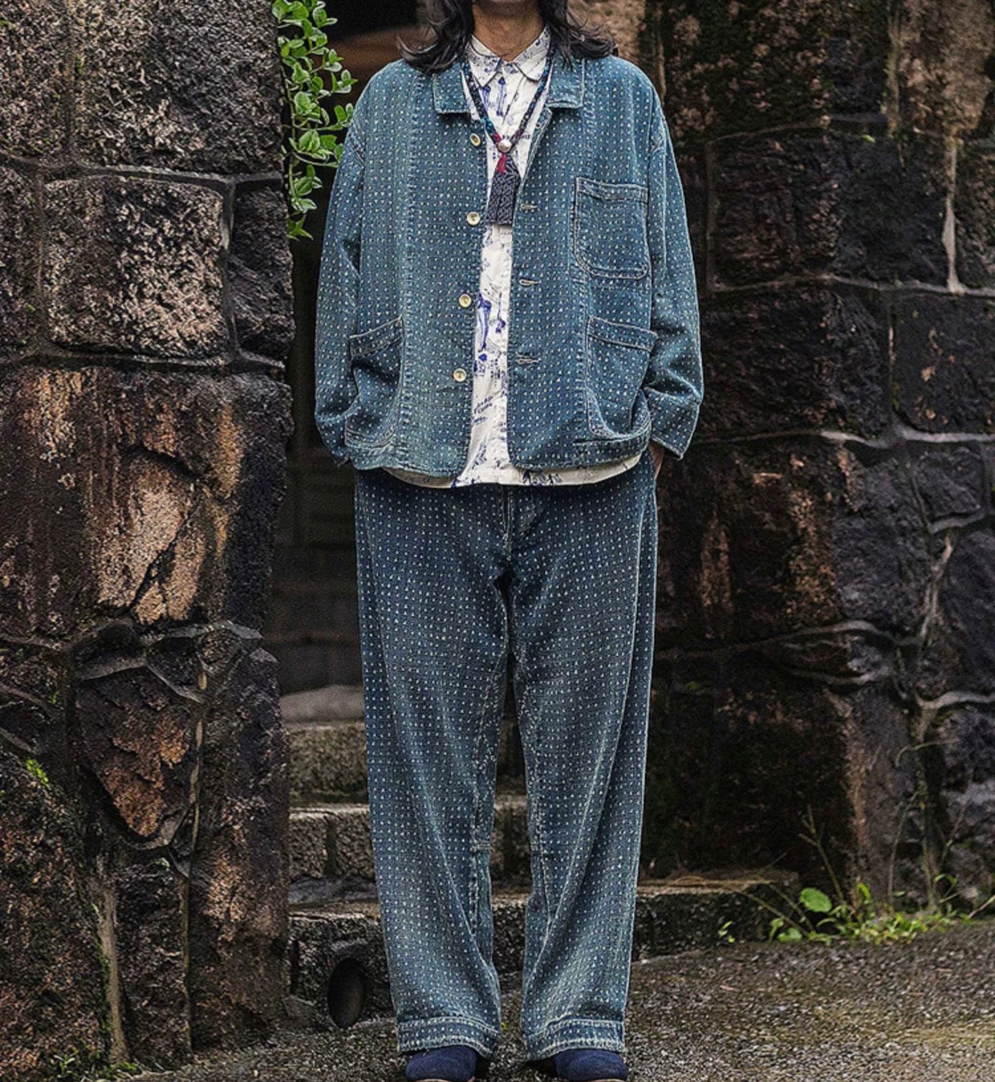 Indigo Discharge Dye Triangle Jacket