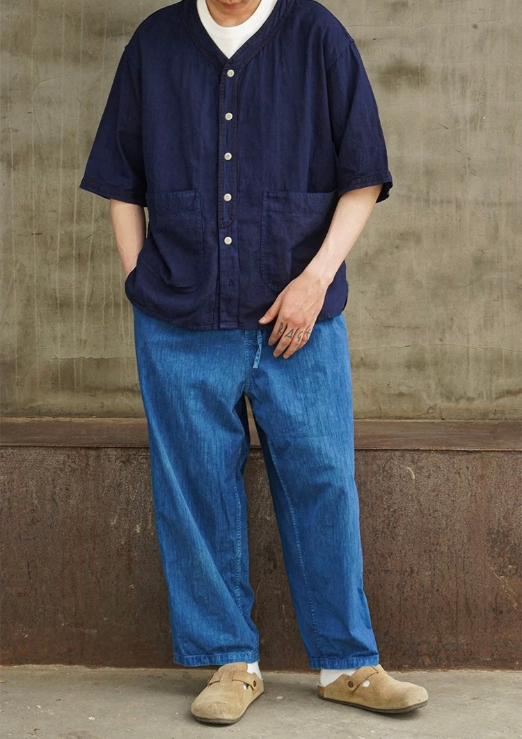 Indigo Dye Short Sleeves Baseball Shirt