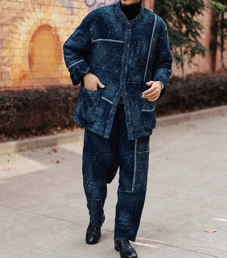 Indigo Dye Patchwork Sashiko Heavyweight Collarless Coat