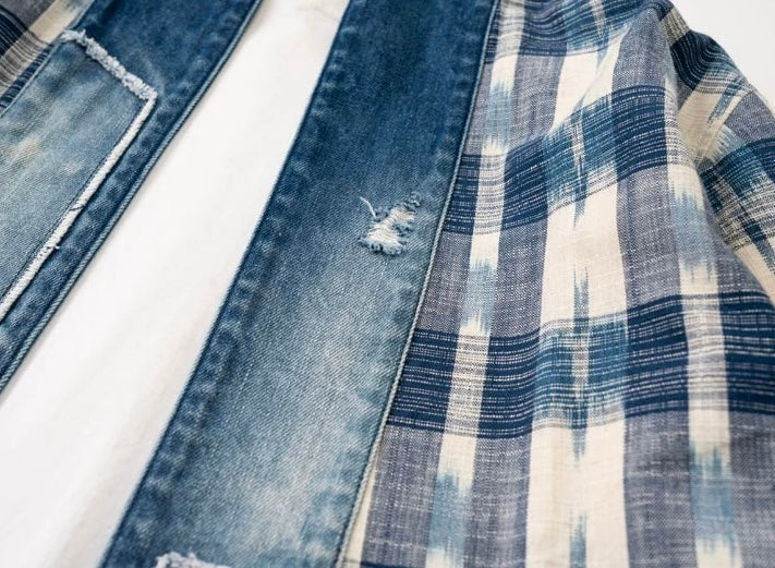 Checked Denim Patchwork Noragi Jacket