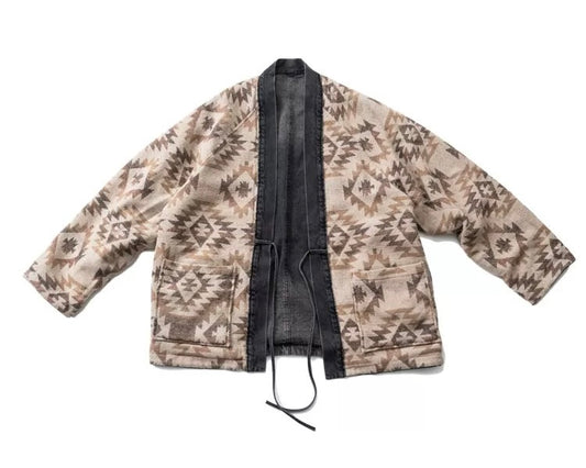 Dark Grey Denim Folk Reversible Haori Jacket