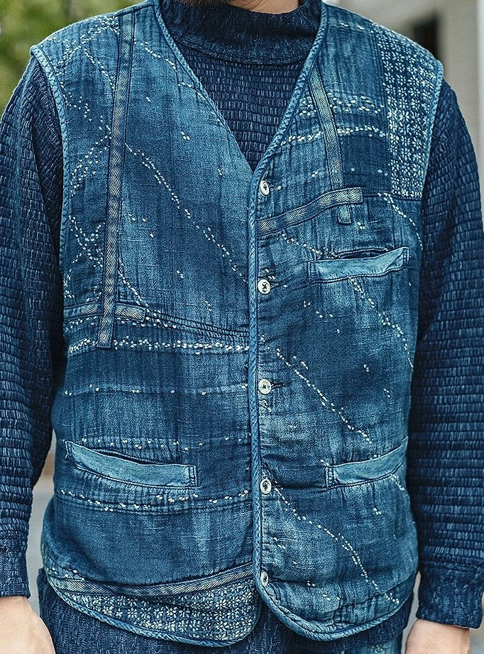 Indigo Dye Sashiko Boro Patchwork Vest