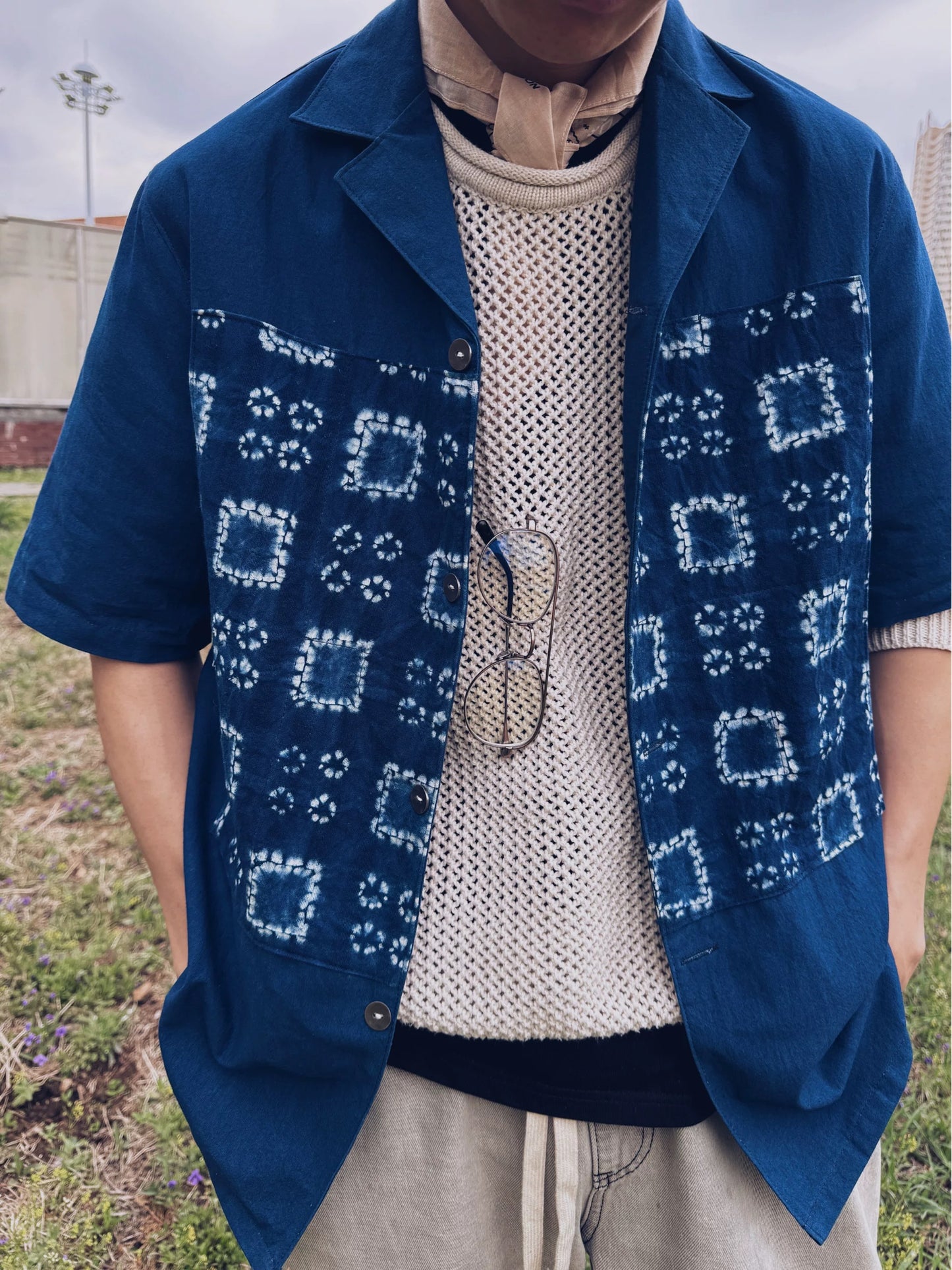 Indigo Dye Patchwork Maze Aloha Shirt