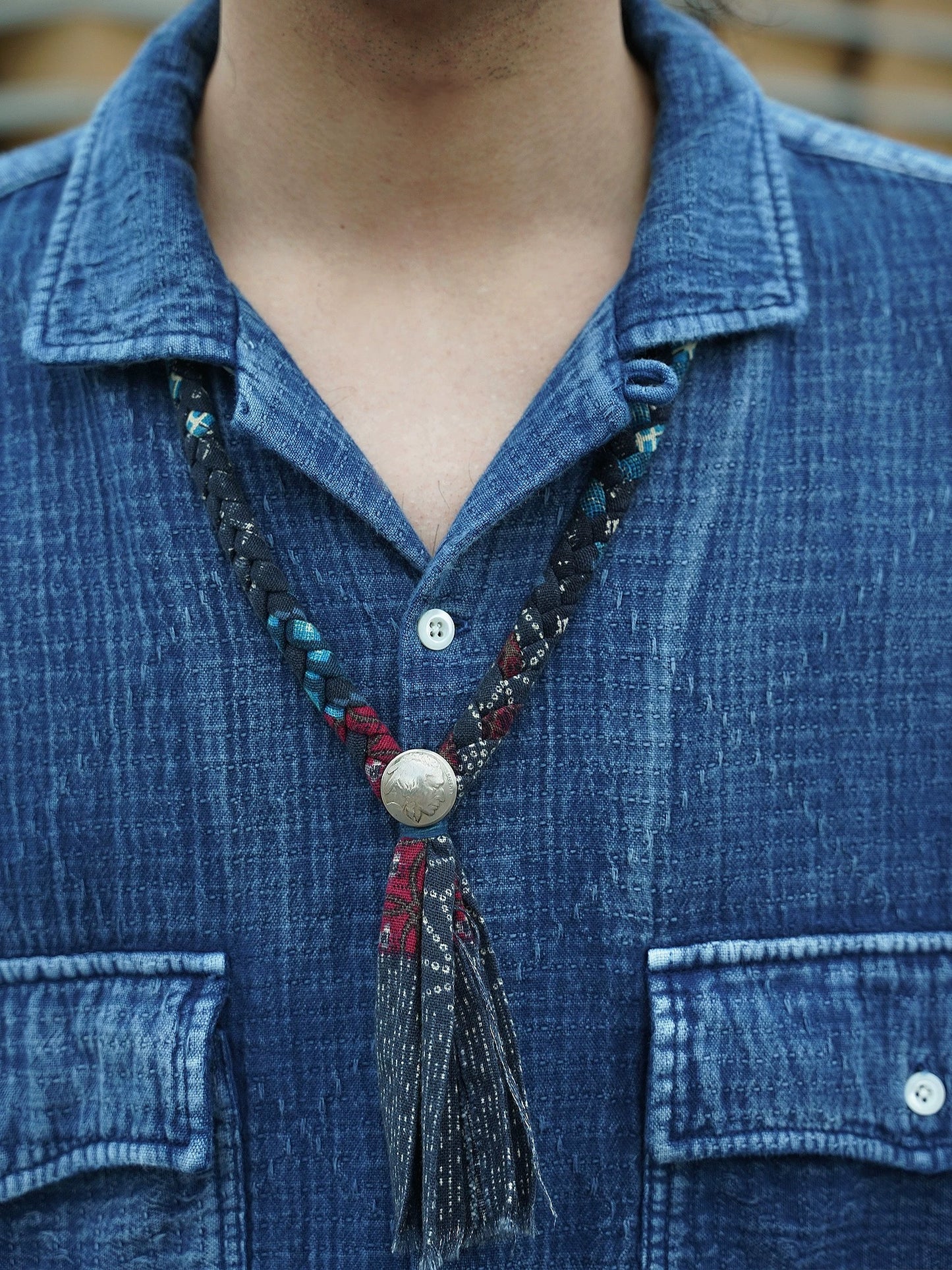 Indigo Dye Sashiko Retro Aloha Shirt