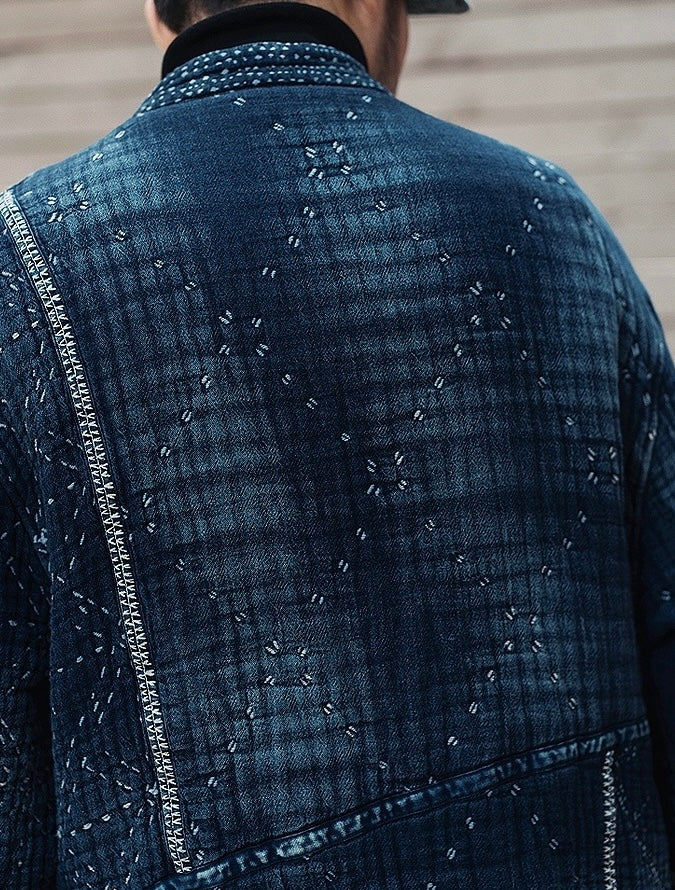 Indigo Dye Patchwork Sashiko Heavyweight Collarless Coat