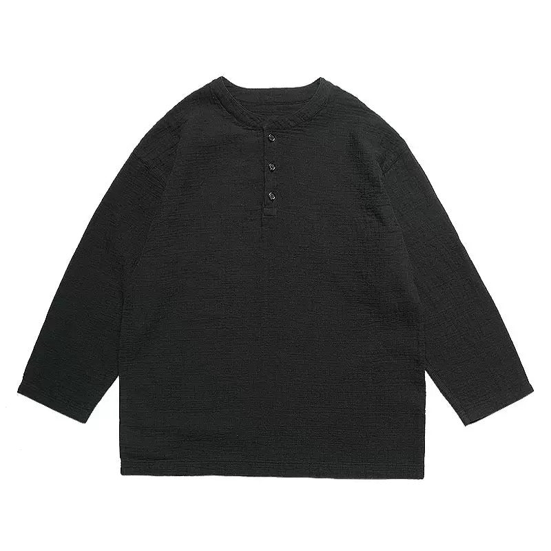 Black Sashiko Henley Long Sleeve T-Shirt