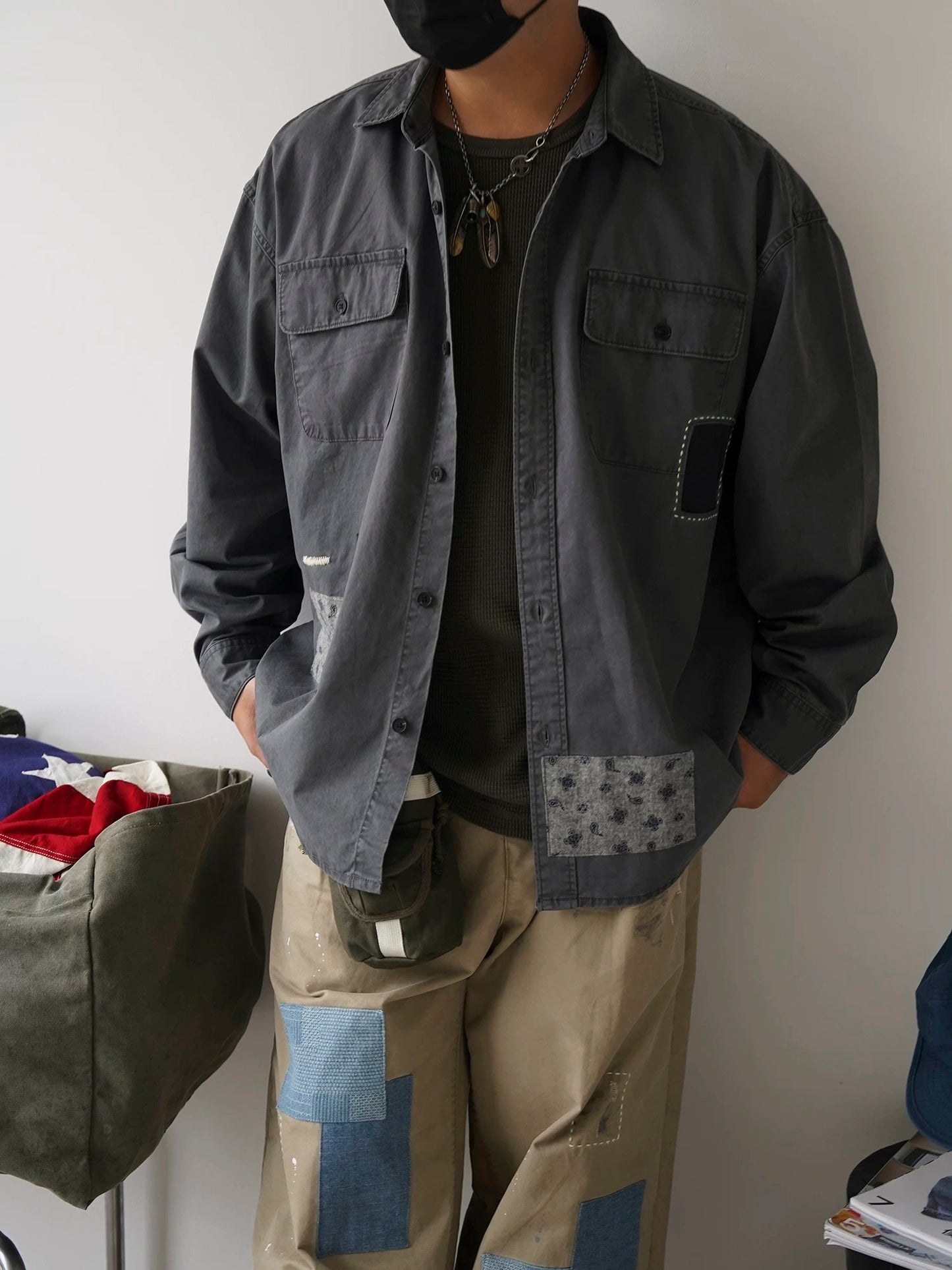 Washed Sashiko Patchwork Long Shirt