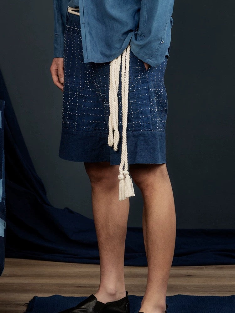 Indigo Dye Patchwork Sashiko Shorts